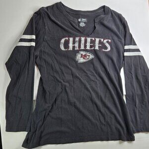 Kanas City Chief's Black Long Sleeve Distressed Fitted V-neck Tee Size 2XL